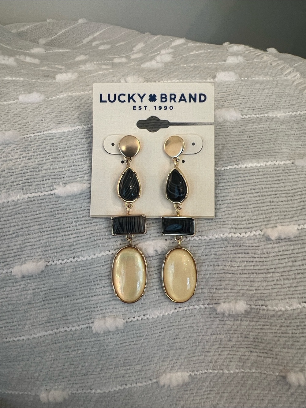 Lucky Brand Gold Tone Black and Cream Dangle Earrings